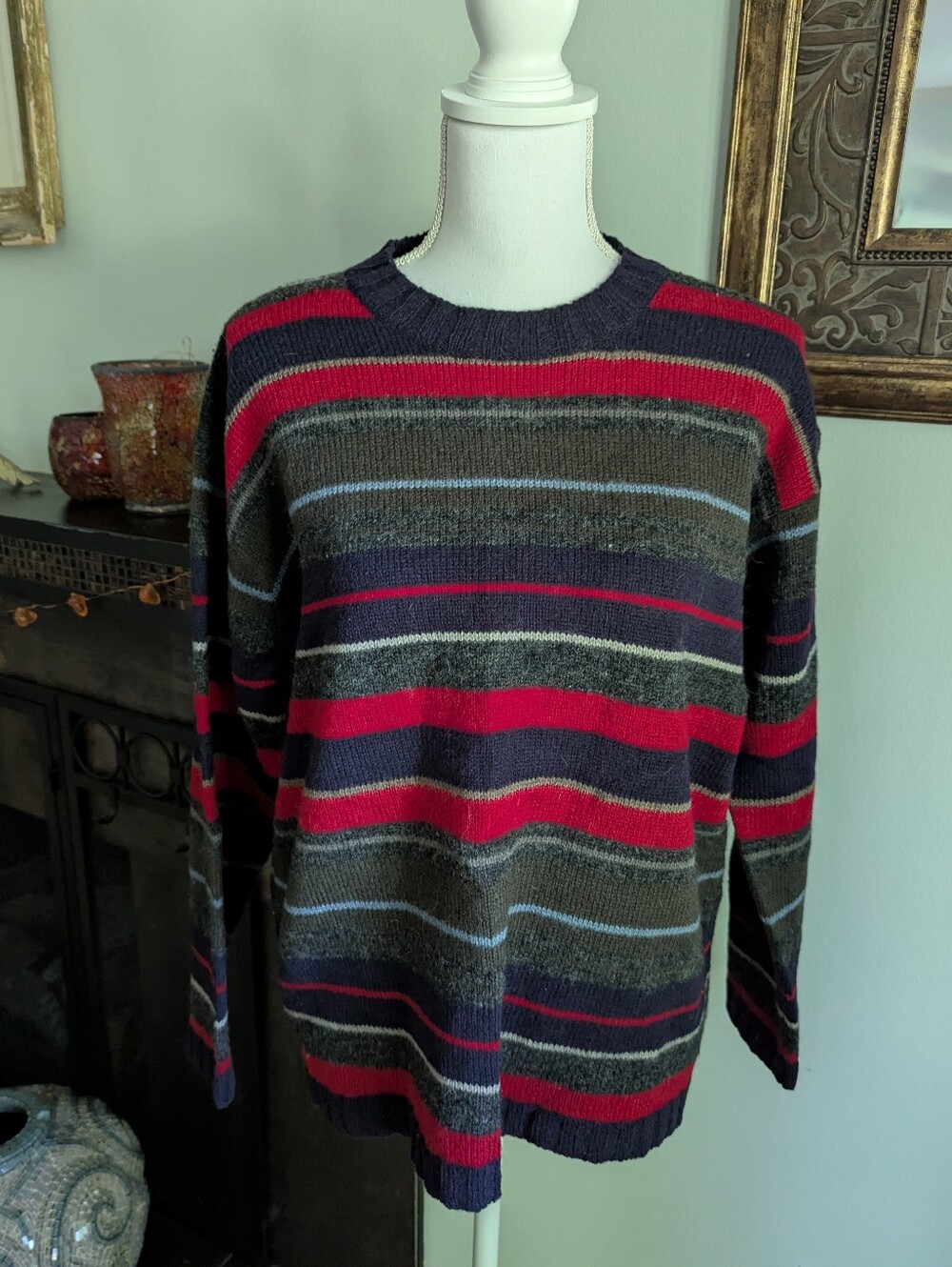 VTG 90s B.Moss Women's Medium 100% Wool Sweater Crew Neck Stripe Red Green Blue